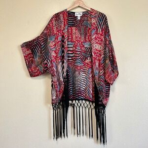 Joseph Ribkoff Red Paisley Fringe Kimono Wrap Open Front Cardigan 161608 Size 10
